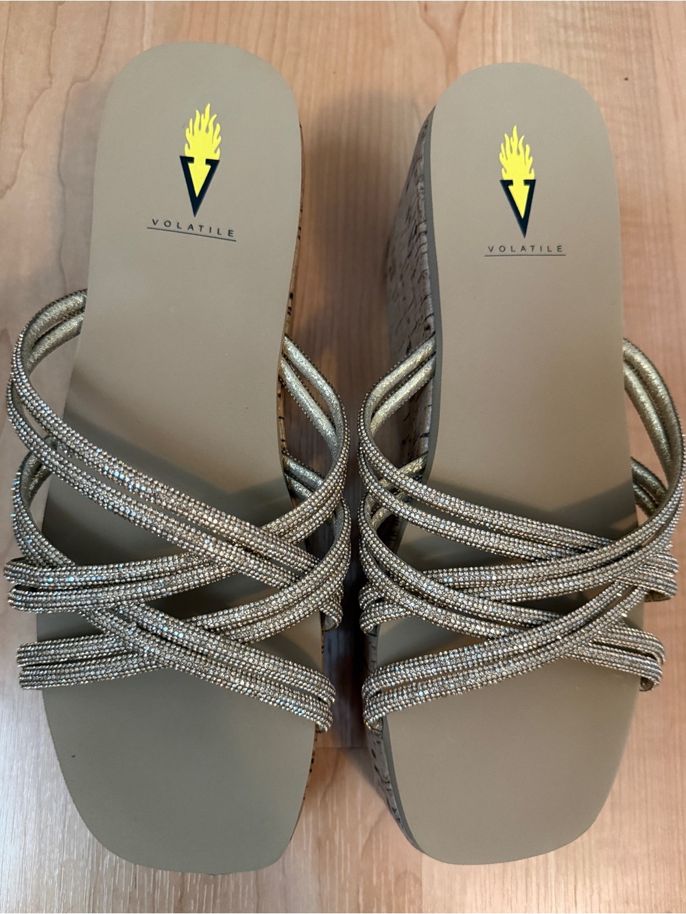Volatile Gold Braided Strappy Wedge Sandals